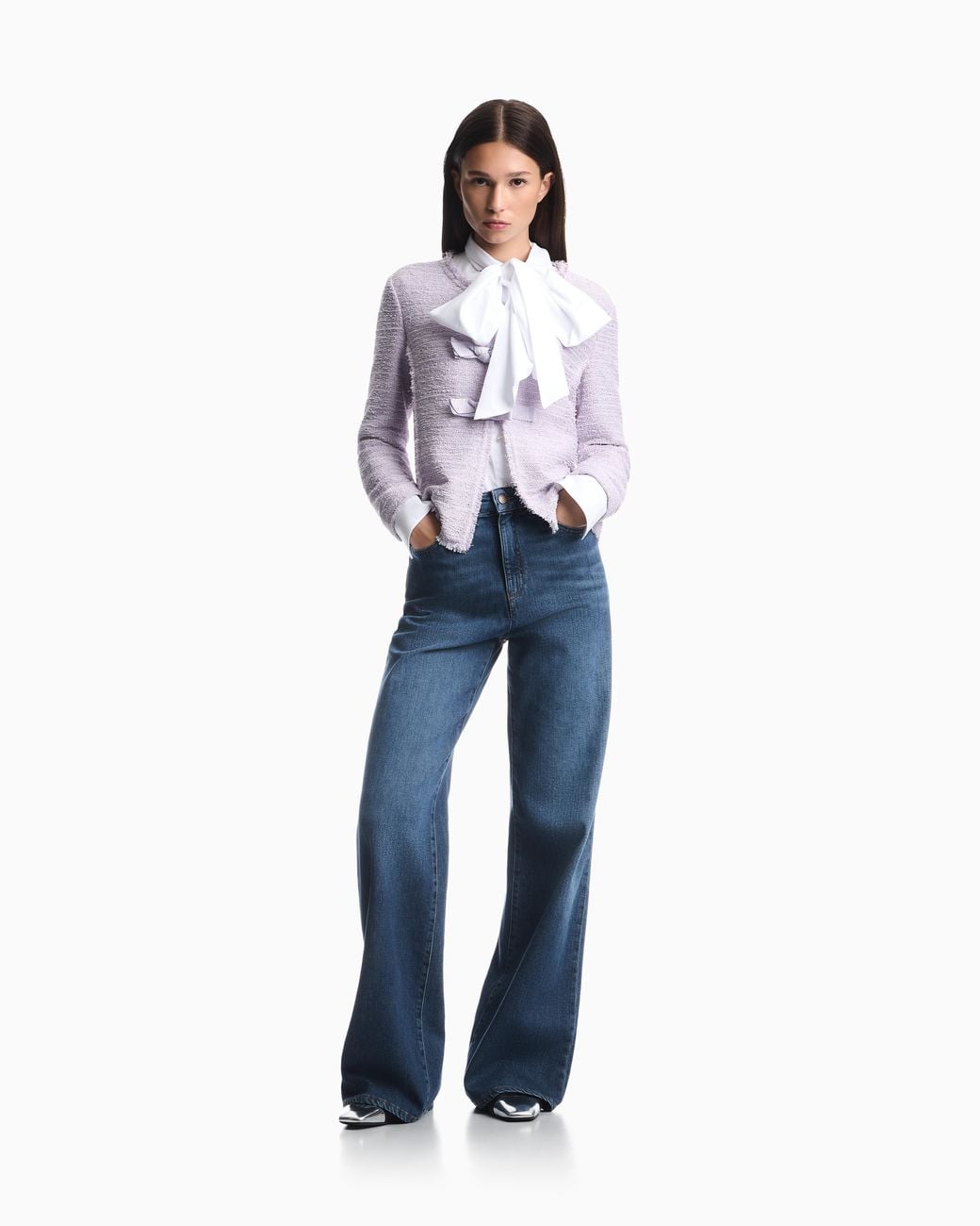 Emporio Armani Purple Unlined Textured Jacket With Ottoman Bows And Round Neckline