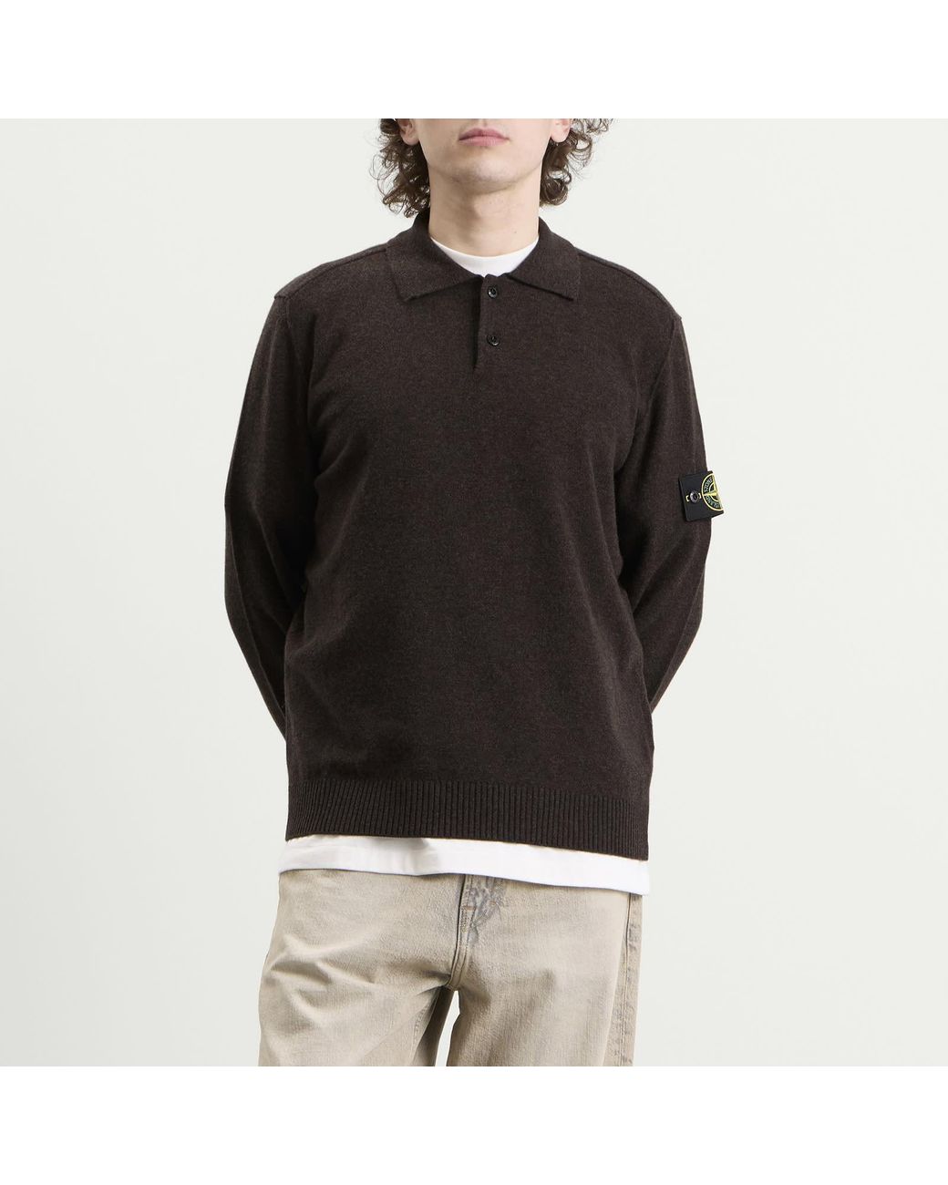 Stone Island Black Geelong Wool Long Sleeve Polo for men