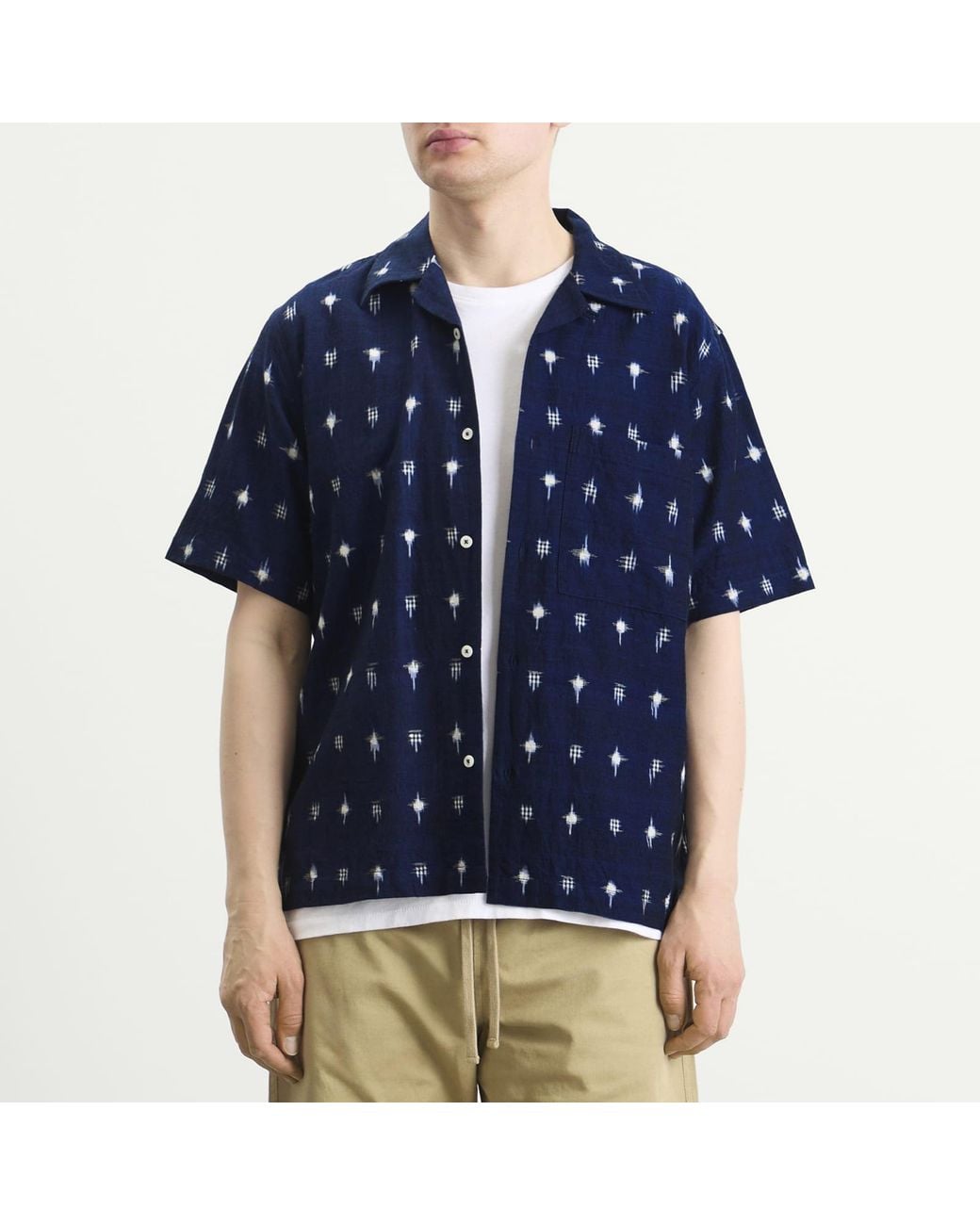 Universal Works Blue Square Ikat Camp Shirt for men