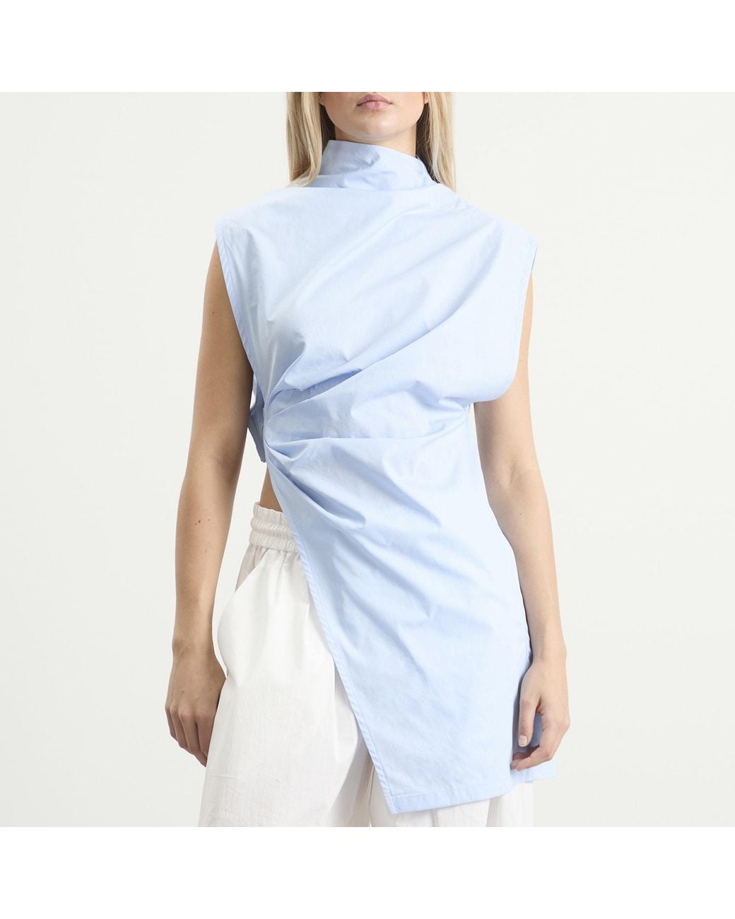 Tolu Coker Blue Cotton Asymmetric Drape Blouse