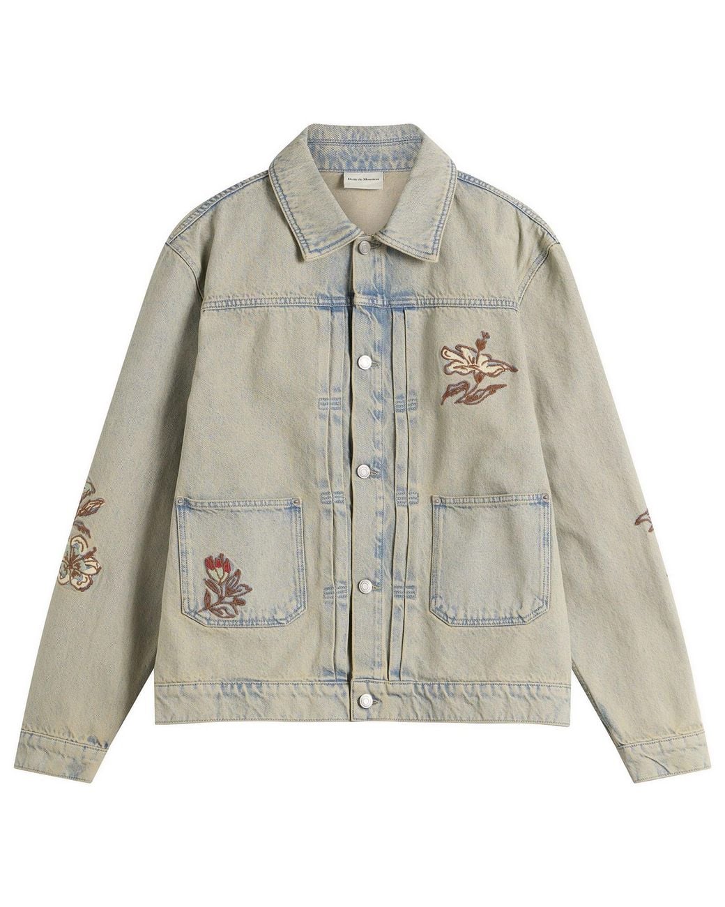 Drole de Monsieur Gray Embroidered Flowers Patch Denim Jacket for men