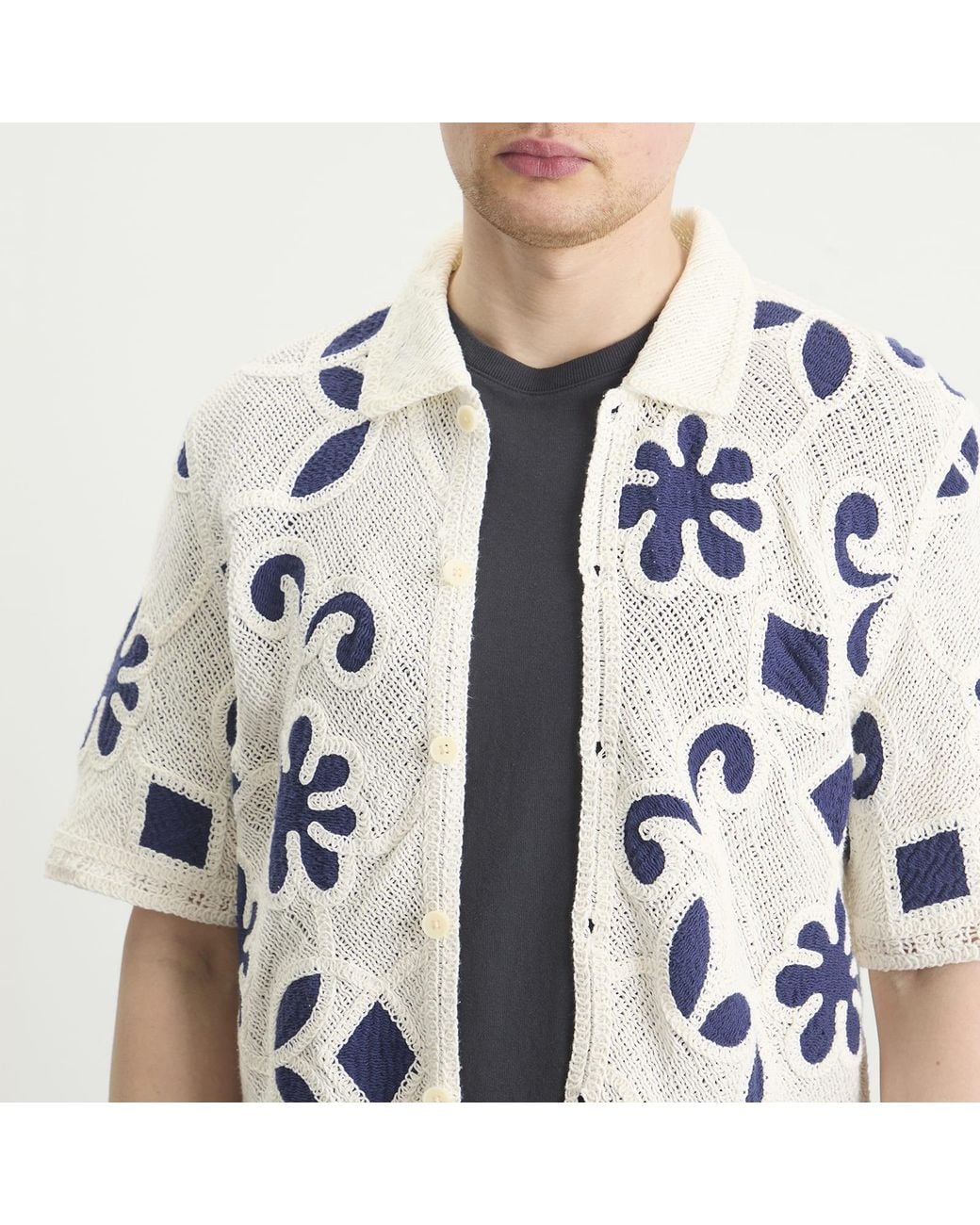 Wax London Blue Porto Doodle Crochet Polo for men