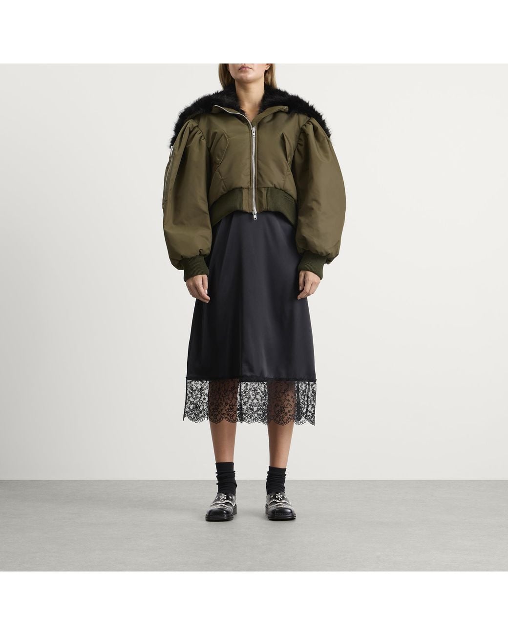 Simone Rocha Green Cropped Split Faux Fur Hood Bomber Jacket