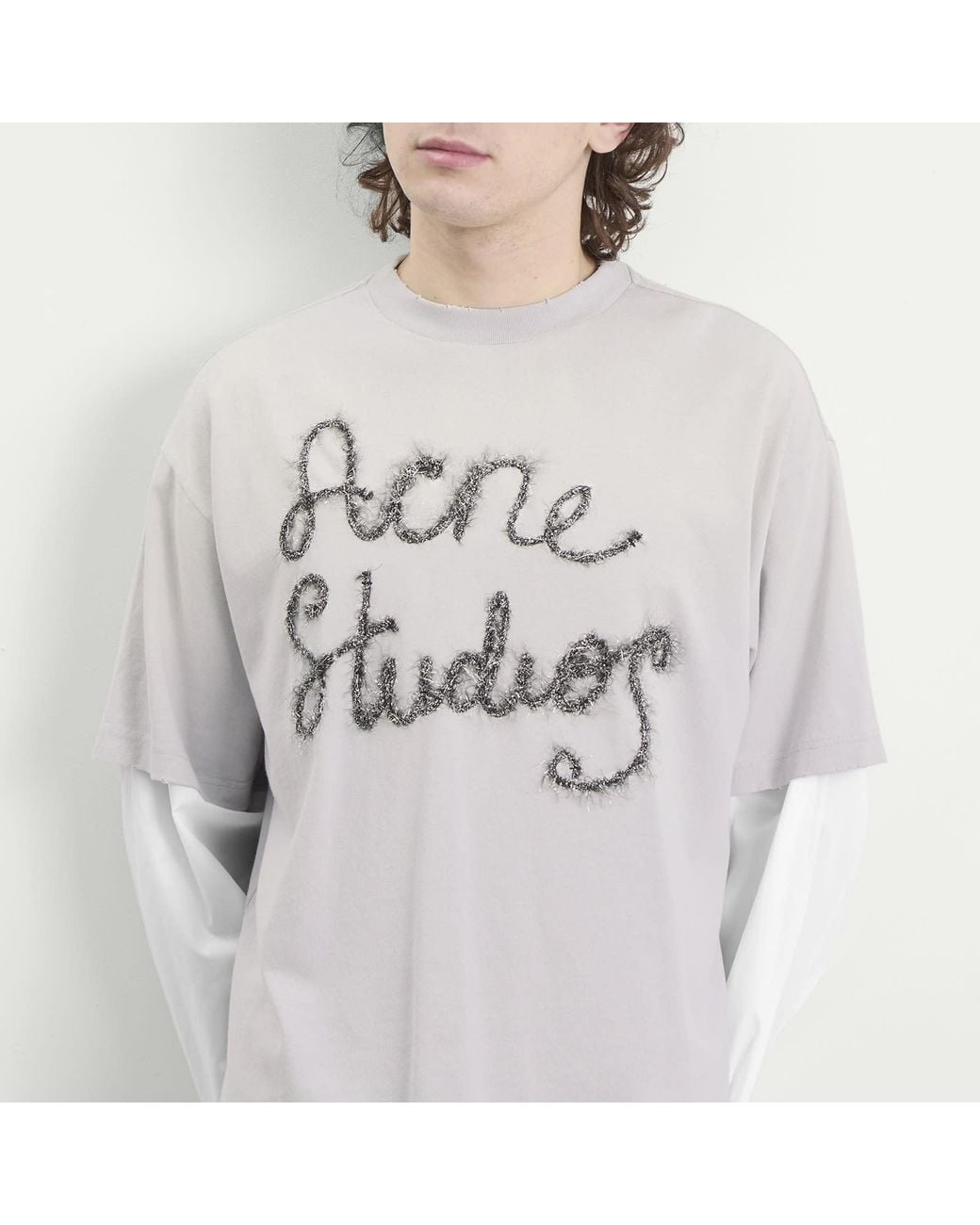 Acne Gray Tinsel Logo Double Sleeve T-Shirt for men