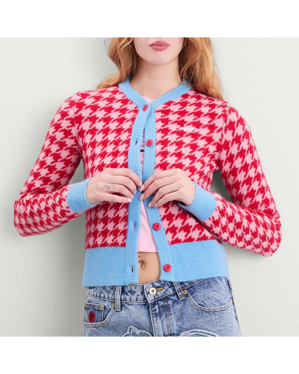 ICECREAM Red Houndstooth Knit Cardigan