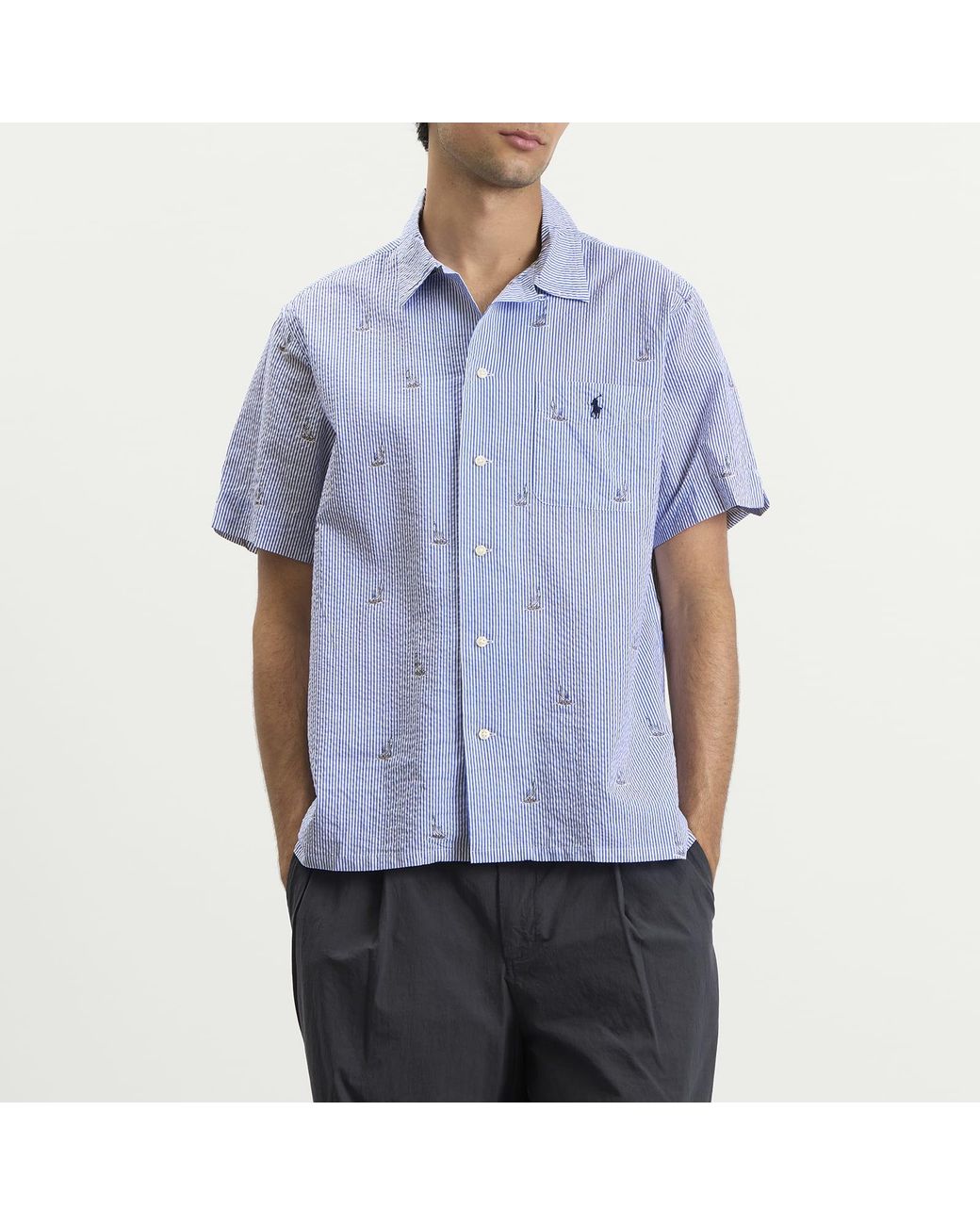 Polo Ralph Lauren Blue Seersucker Sailboat Short Sleeve Shirt for men