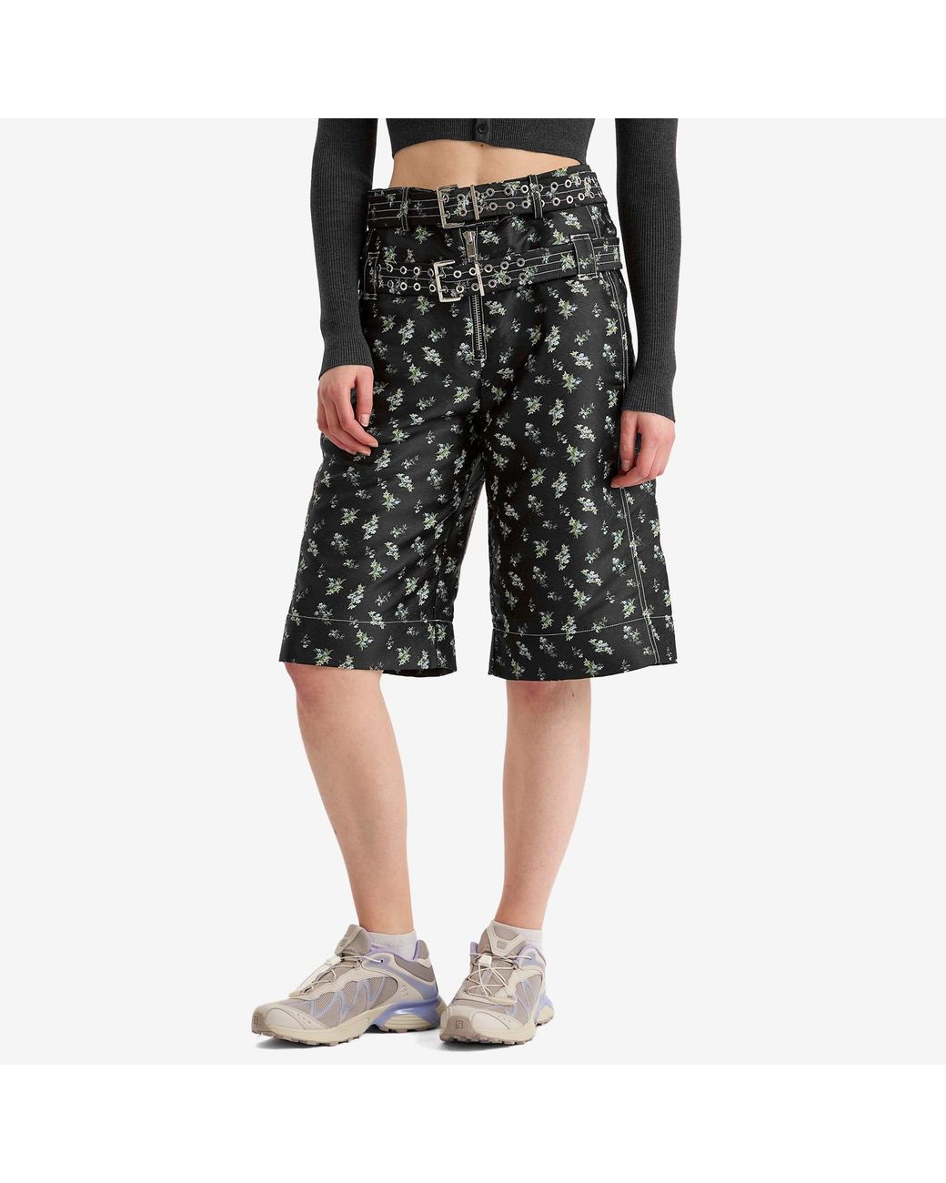 Ganni Floral Jacquard Long Shorts in Gray | Lyst