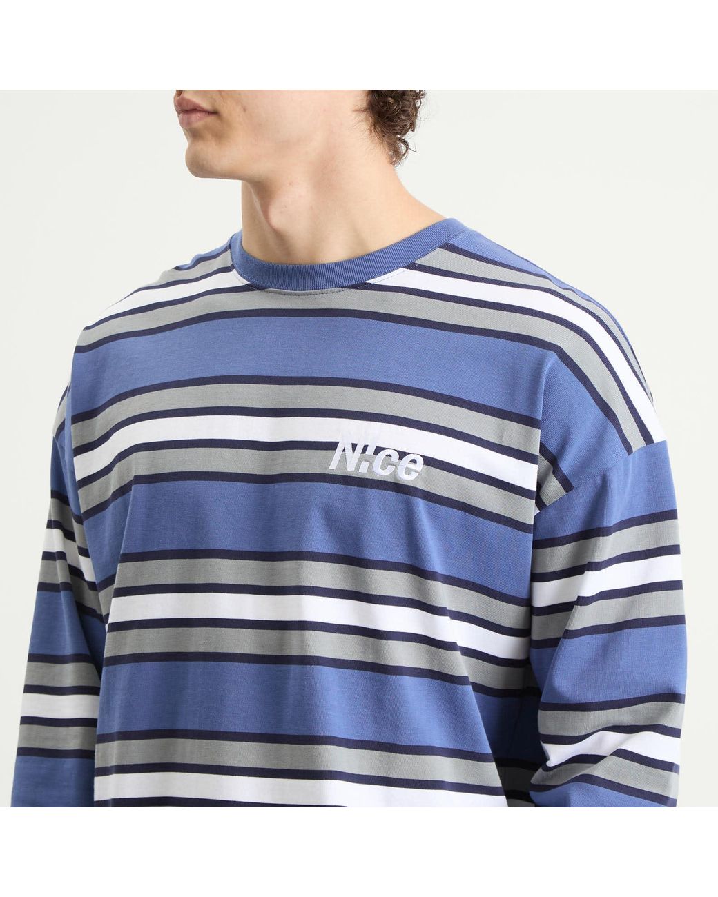 N!CE Blue Border Stripe Long Sleeve T-Shirt for men