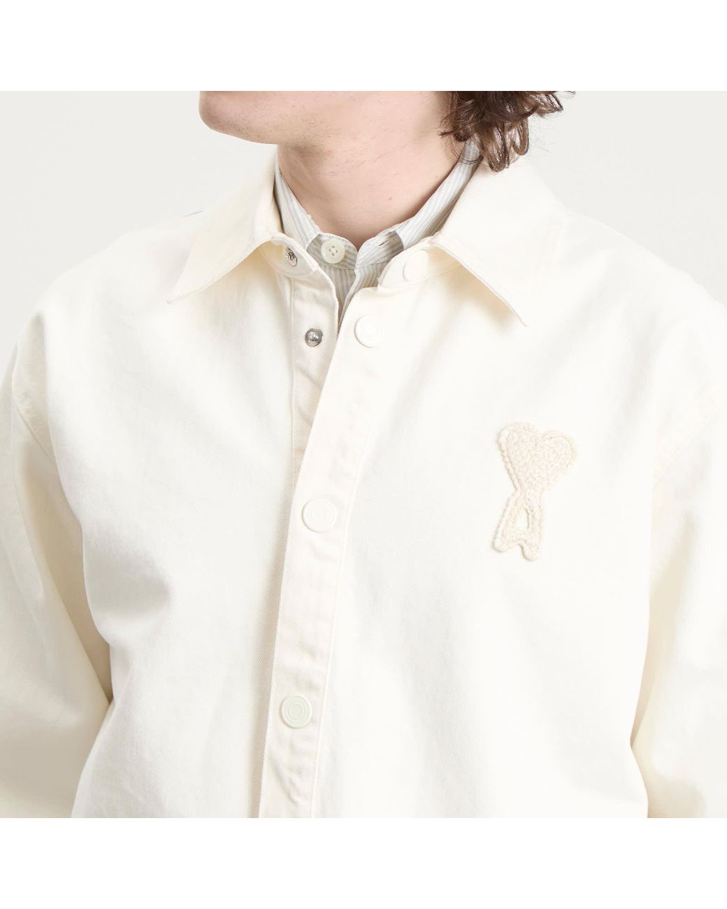 AMI White Denim Overshirt With Knitted Ami De Coeur for men