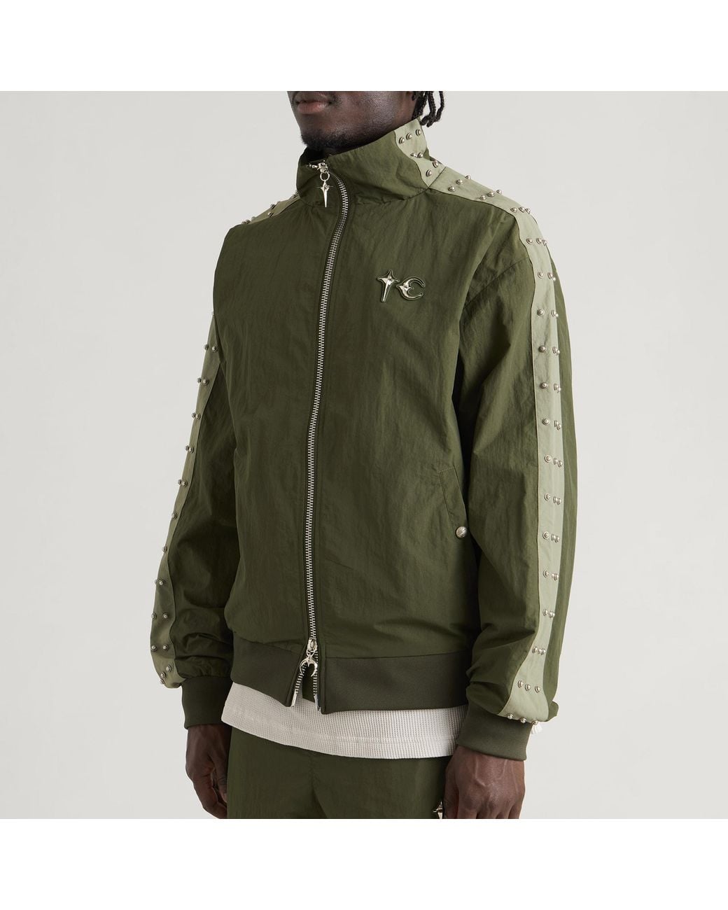 THUG CLUB Green Triple Line Stud Track Jacket for men