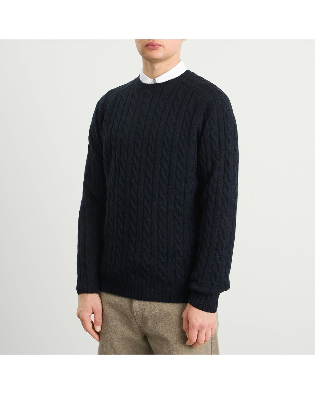 Beams Plus Blue Cable Knit Crew Neck Jumper for men