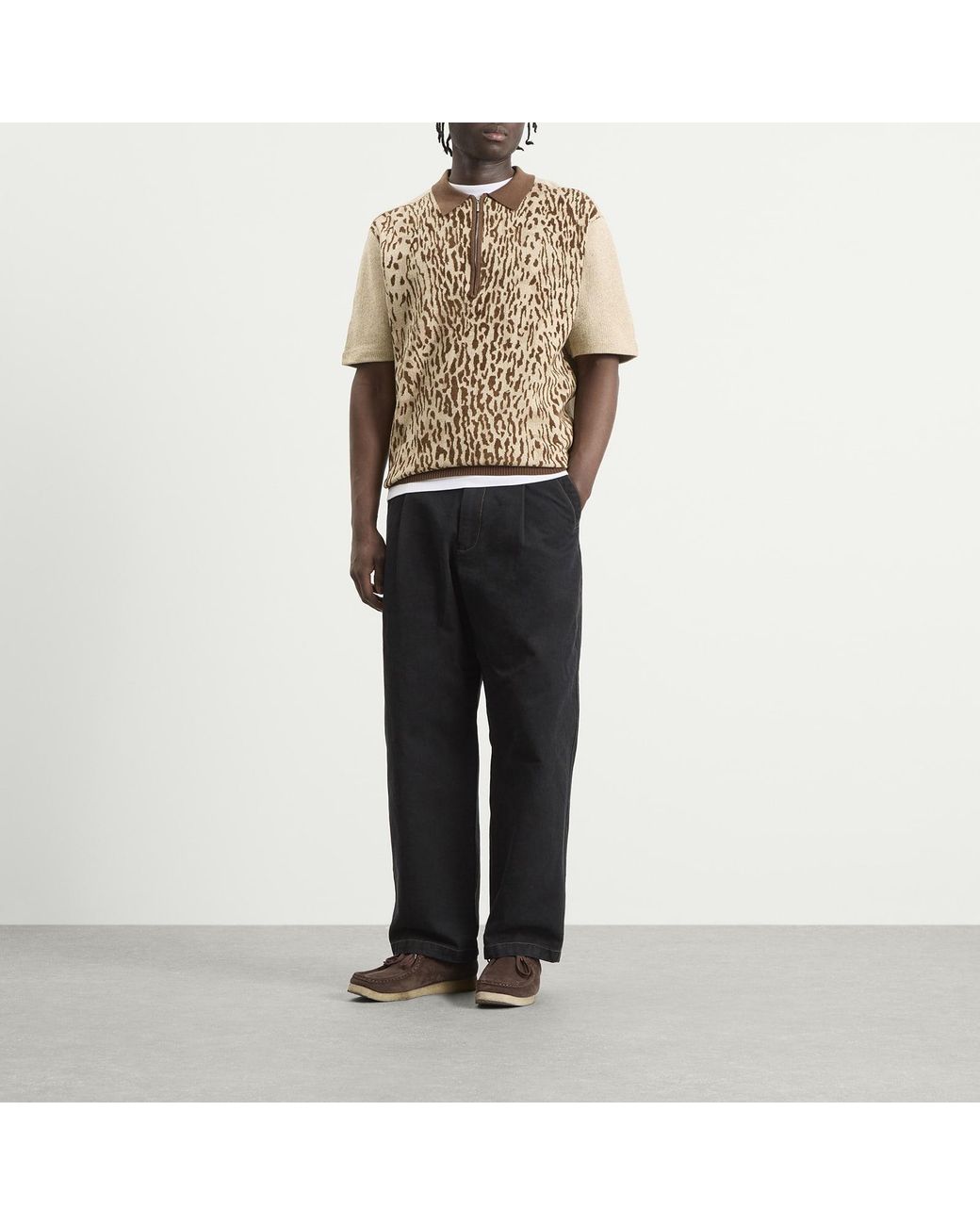 Beams Plus Natural Animal Jacquard Knit Polo for men