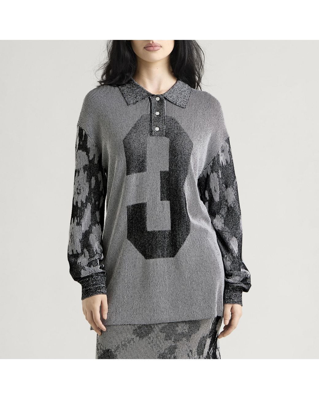 PAOLINA RUSSO Gray Illusion Knit Long Sleeve Polo