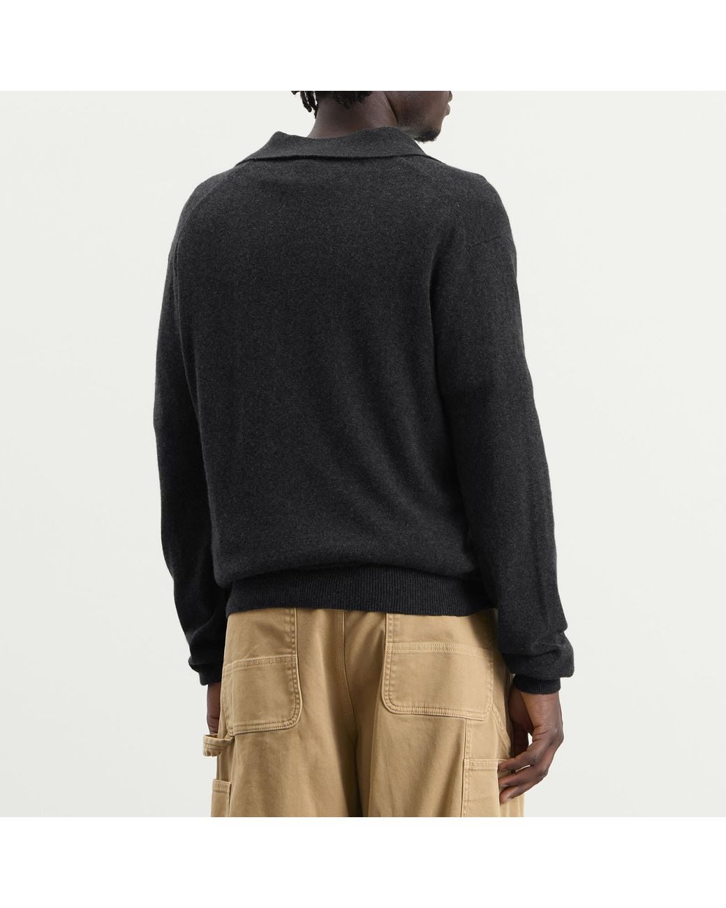 Moncler Black Cashmere Wool Open Collar Polo for men