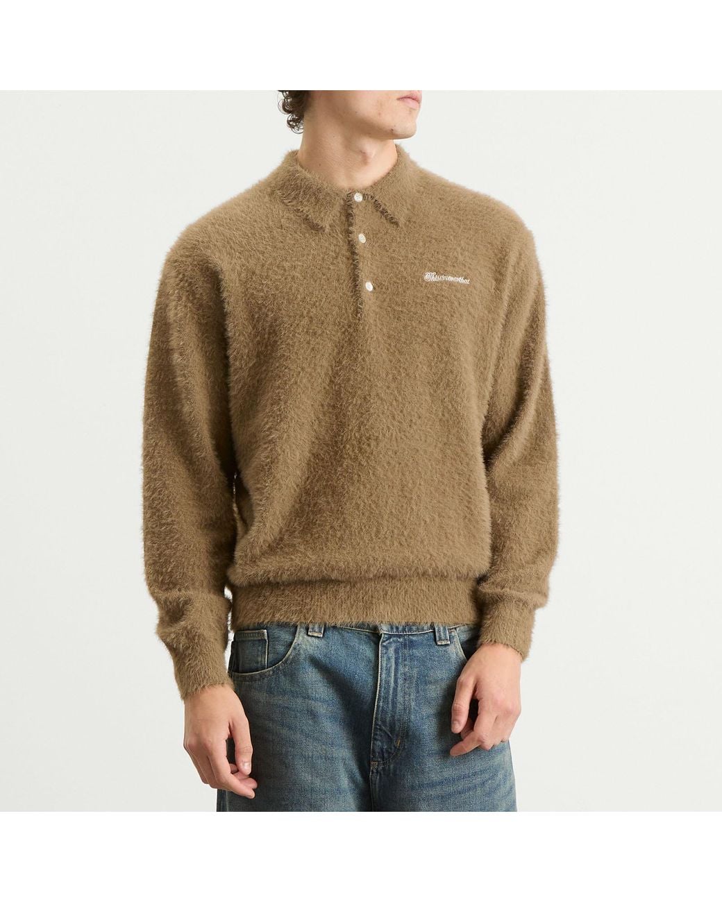 Thisisneverthat Green Sct-Logo Shaggy Knit Polo for men