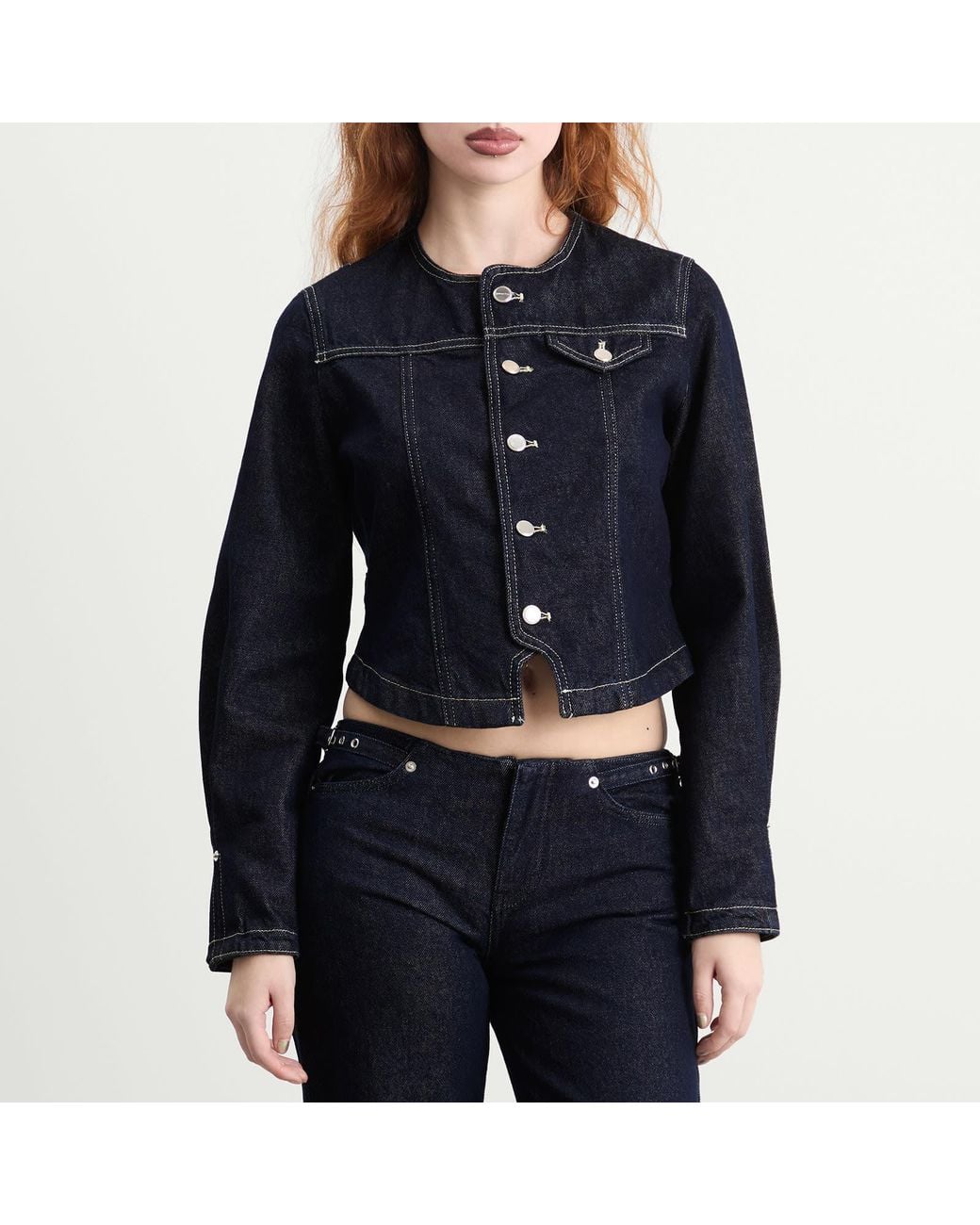 Peachy Den Blue Goldie Collarless Denim Jacket