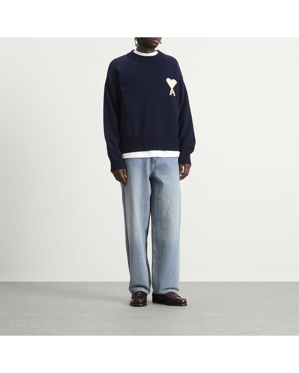 AMI Blue Crewneck Sweater With Contrasted Ami De Coeur for men