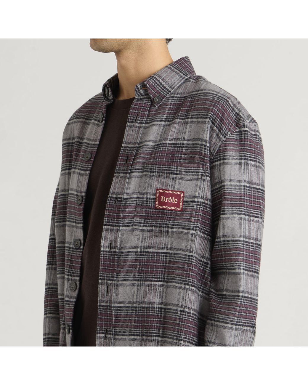 Drole de Monsieur Gray Boxy Flanel Checked Shirt for men