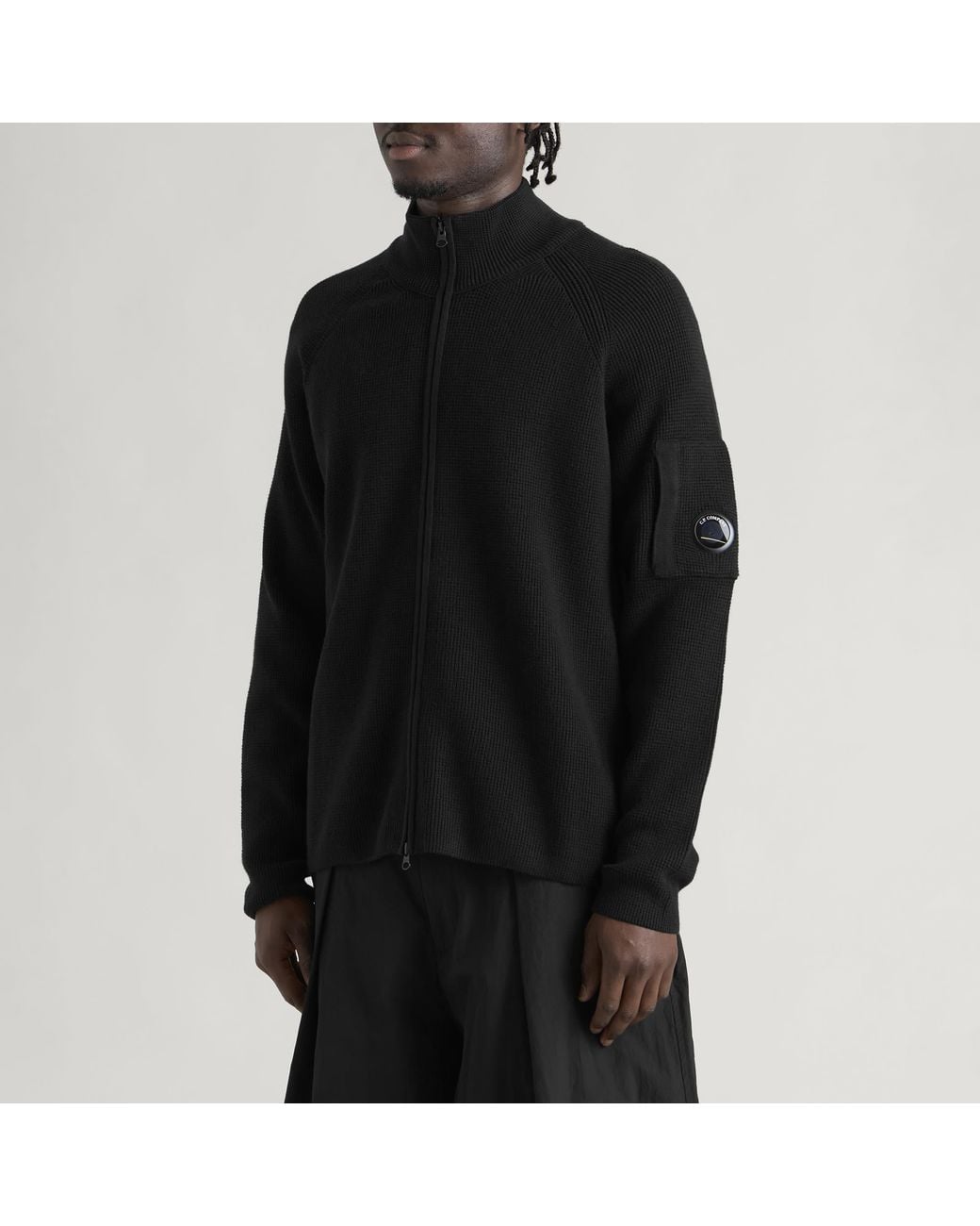 C P Company Black Waffle Knit Lens Zip Cardigan for men