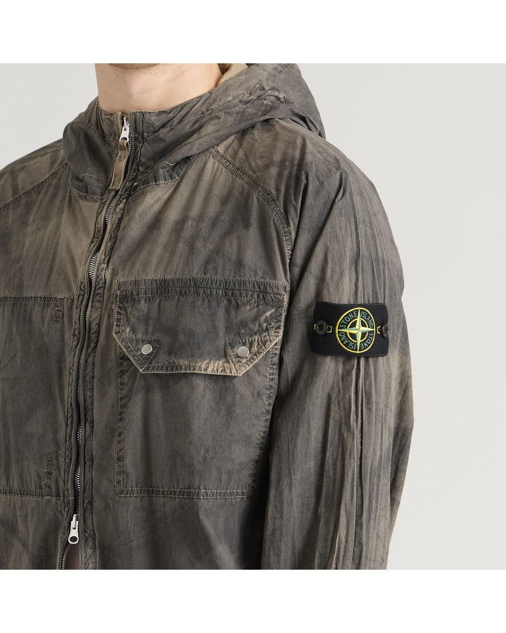 Stone Island Gray Laser Forest Camo Crinkle Reps-Tc Hooded Jacket for men