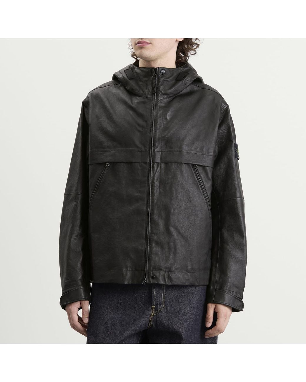 Stone Island Black Leather Organza Hooded Jacket for men