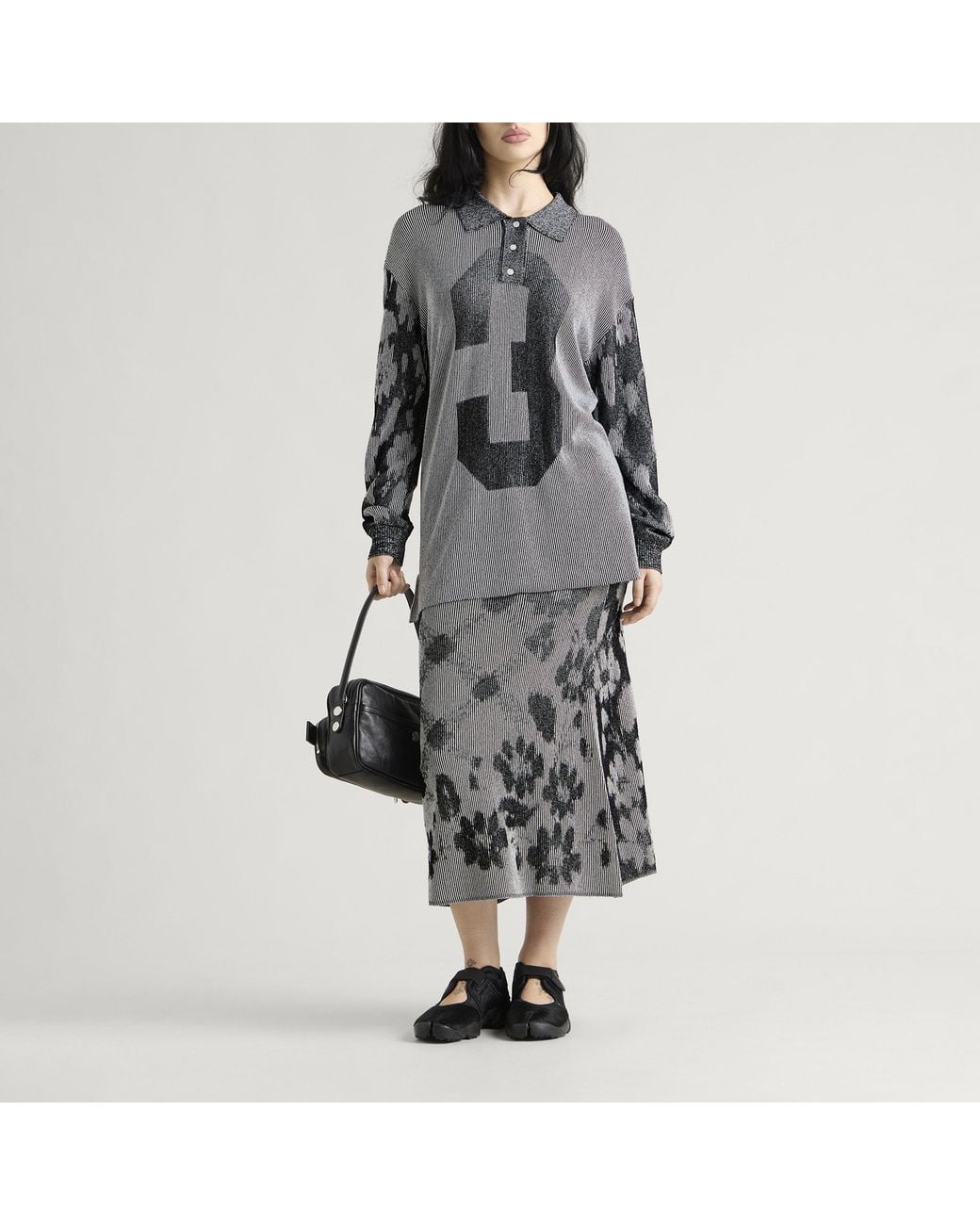 PAOLINA RUSSO Gray Illusion Knit Long Sleeve Polo
