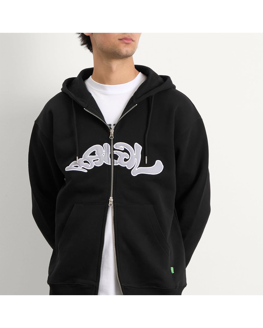 Postalco Black Trip Applique Zip Hoodie for men