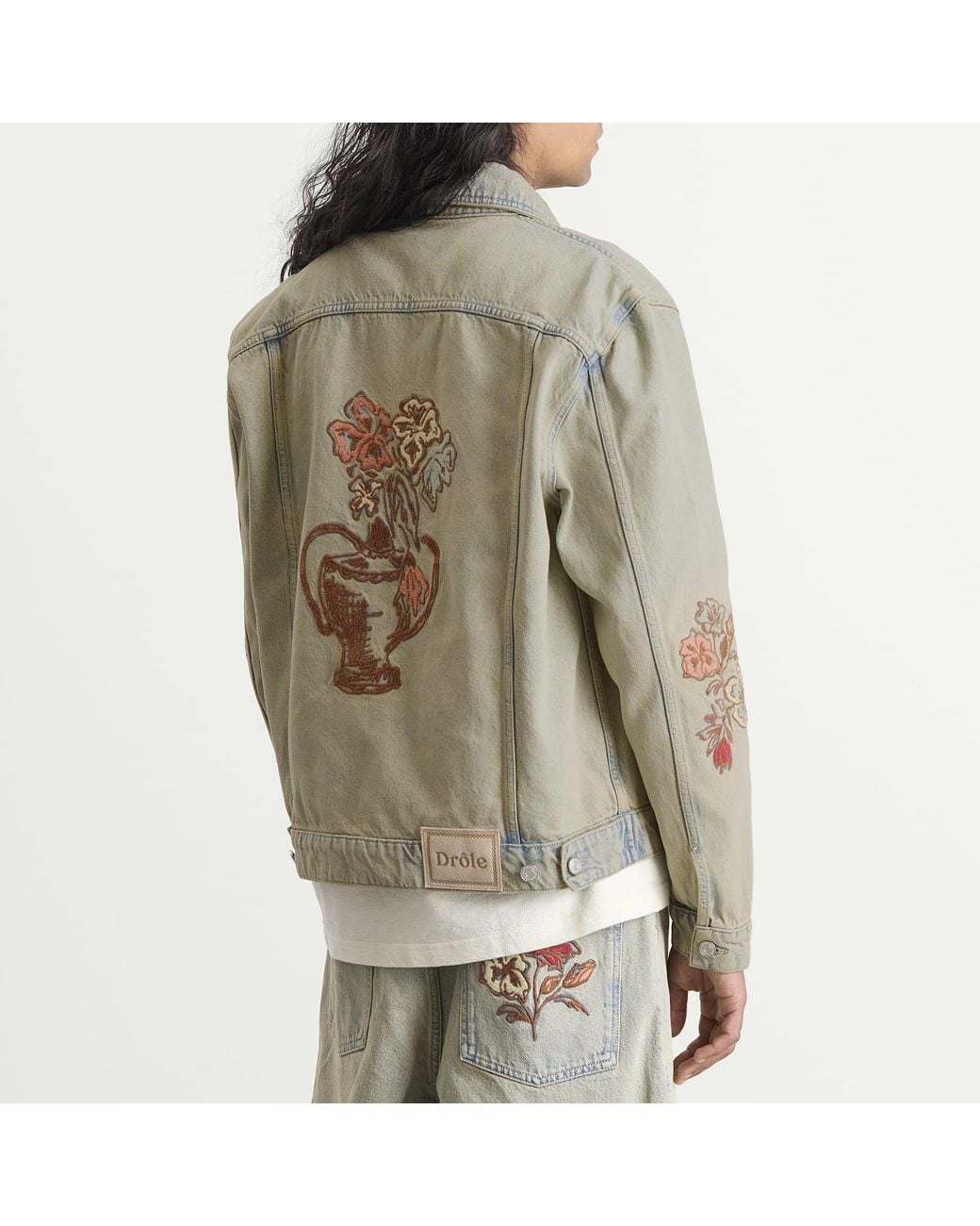Drole de Monsieur Gray Embroidered Flowers Patch Denim Jacket for men