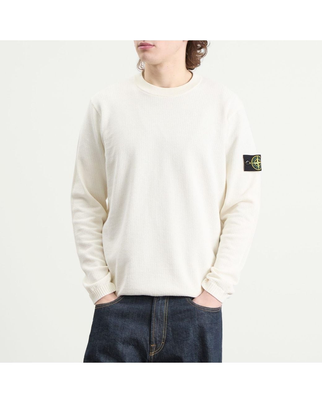 Stone Island White Micro Stitch Crew Neck Jumper for men