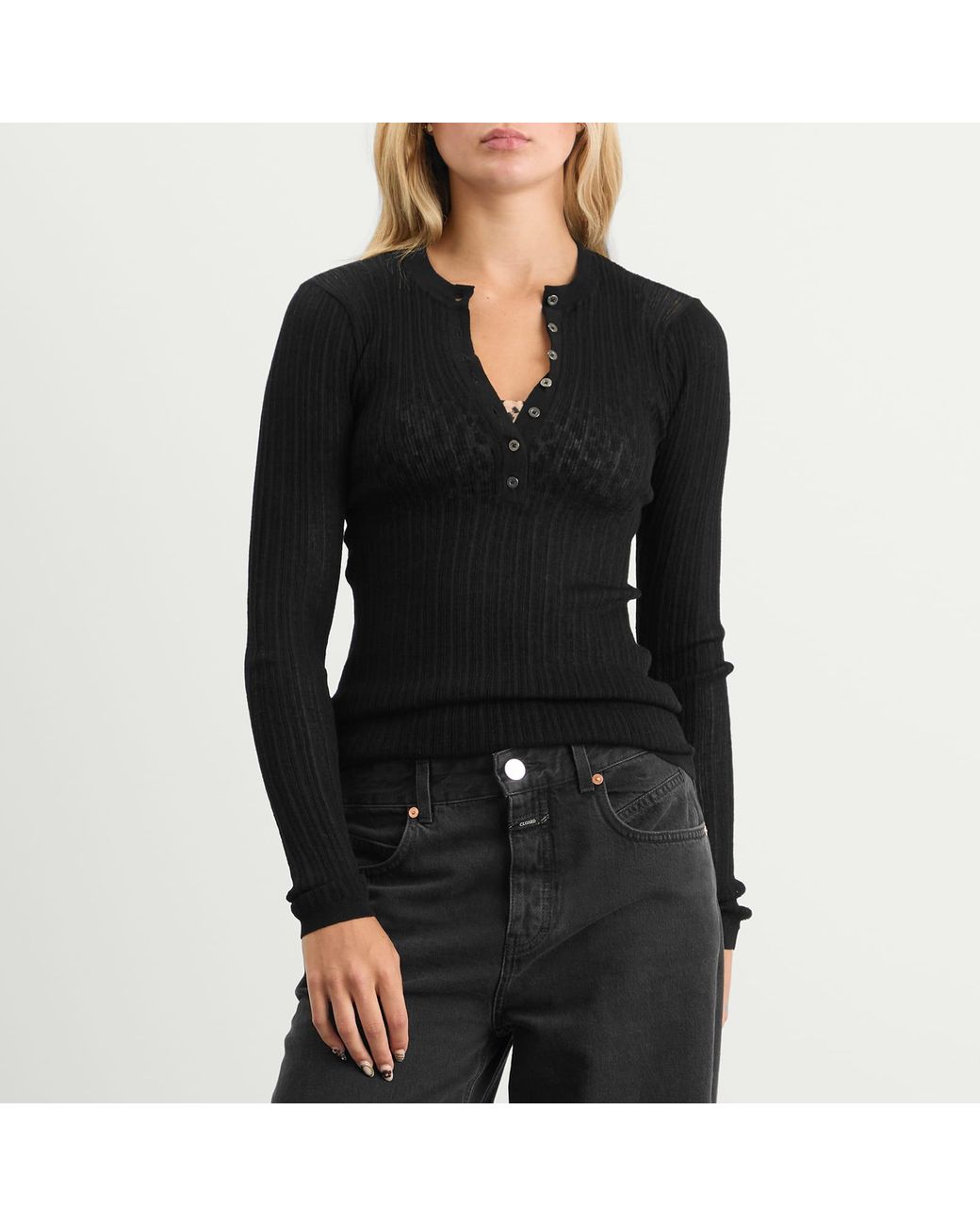Skims Sheer Knit Long Sleeve Henley Top in Black | Lyst UK