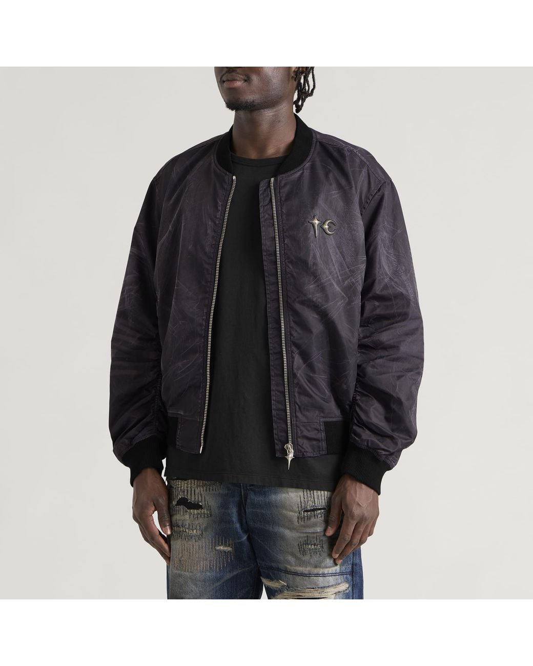 THUG CLUB Black Jamong Two Tone Washed Ma-1 Jacket for men