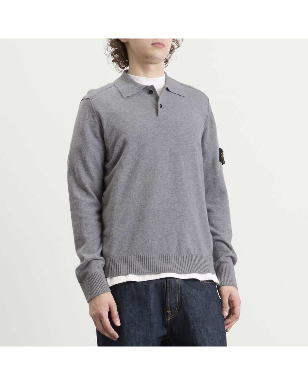 Stone Island Gray Geelong Wool Long Sleeve Polo for men