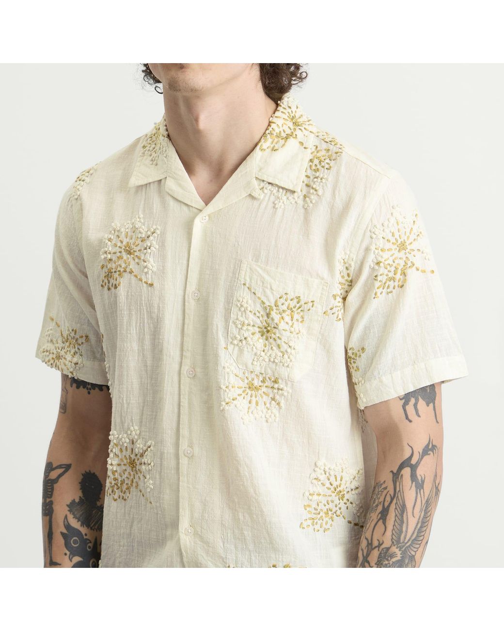 Universal Works Natural Hand Embroidered Stripe Road Shirt for men