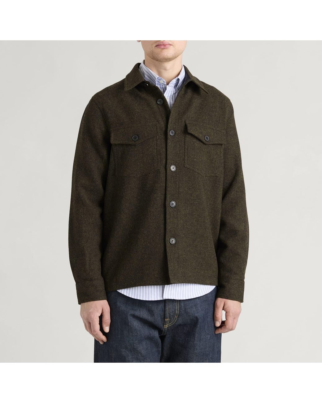 Portuguese Flannel Green Wool Field Tweed Overshirt for men