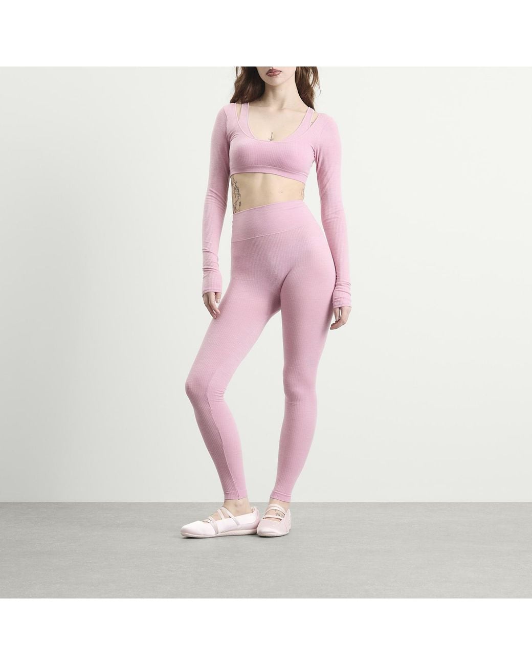 Skims Pink Seamless Sheer Wool Long Sleeve Crop Top