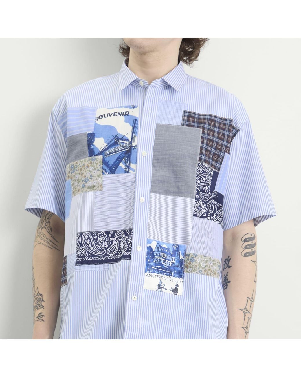 Junya Watanabe Blue Patchwork Mix Short Sleeve Shirt for men
