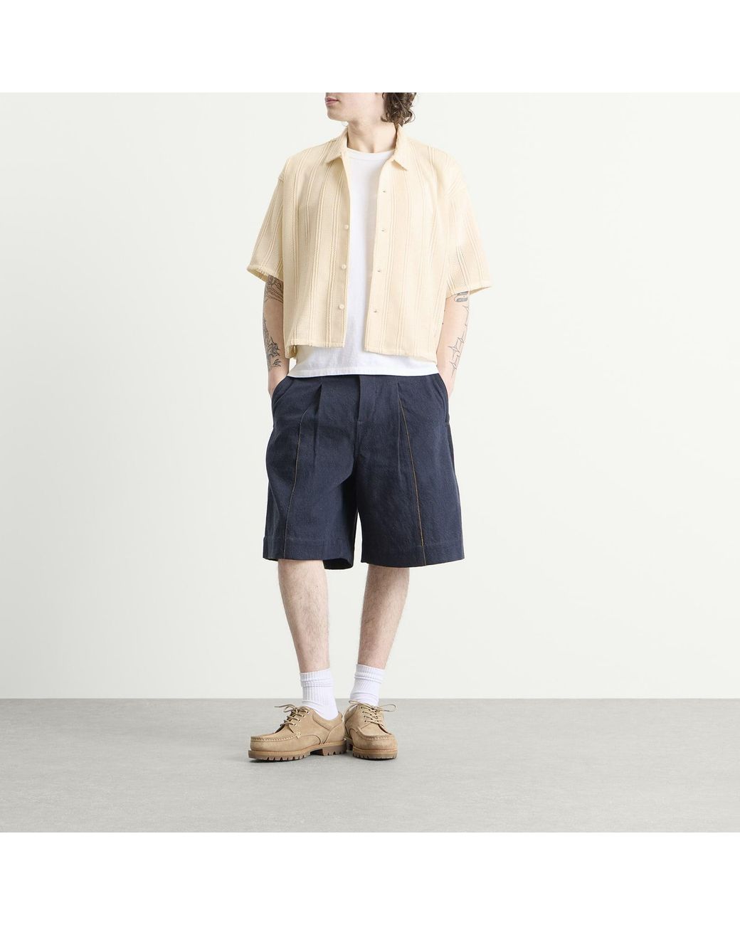 Beams Plus Natural Mesh Open Collar Shirt for men