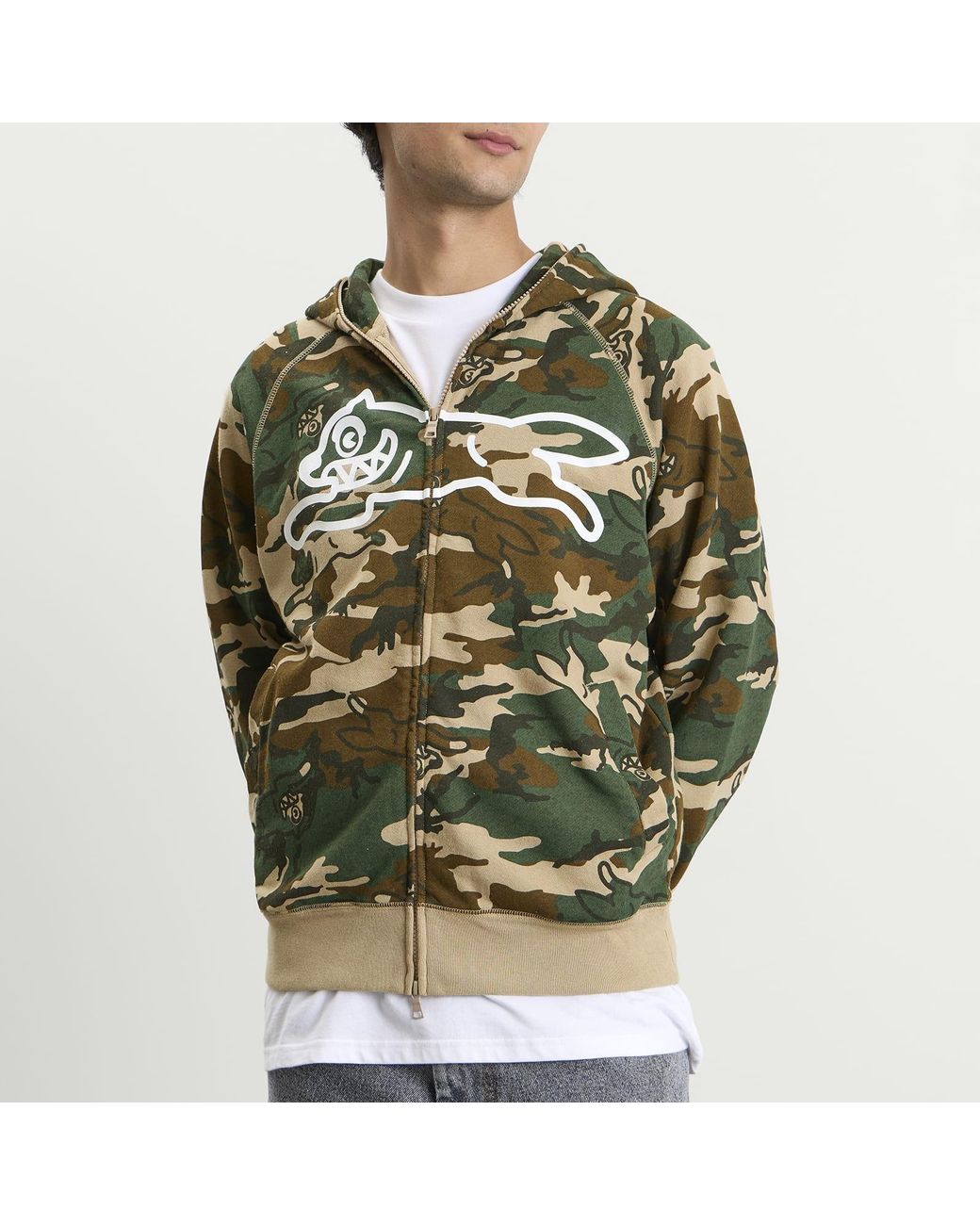 ICECREAM Green Running Dog Woodland Camo Zip Through Hood for men