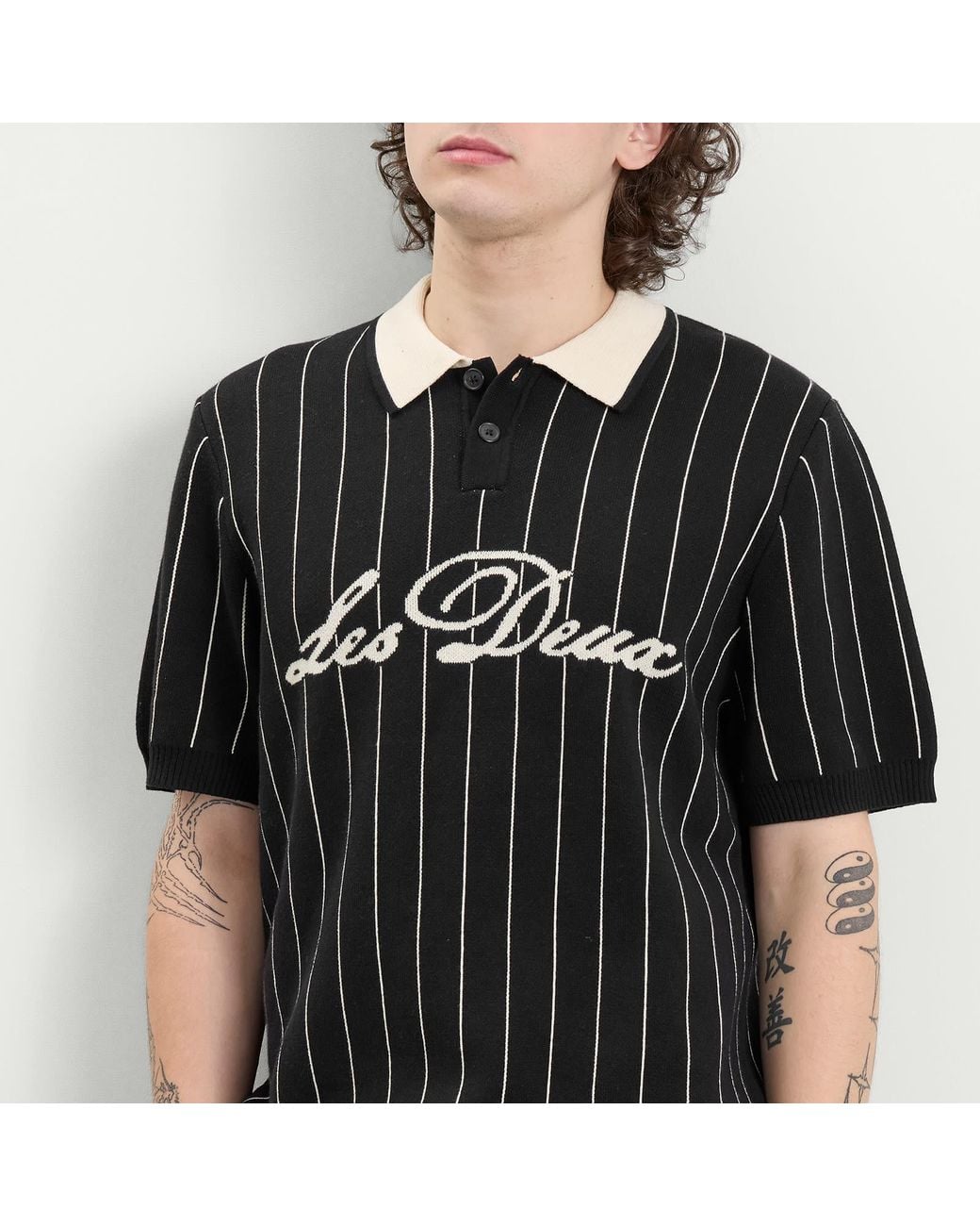 Les Deux Black Pinstripe Knitted Polo for men