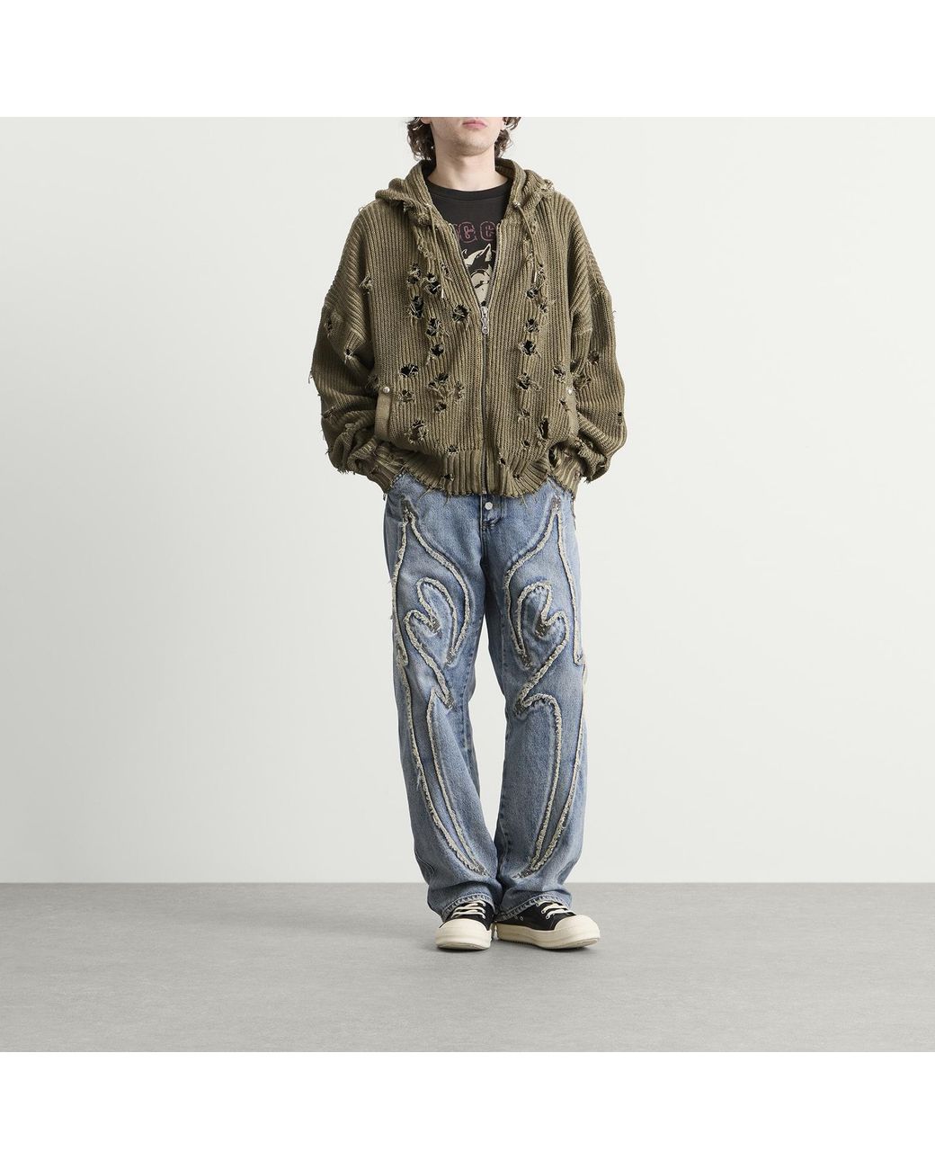 THUG CLUB Green Distressed Knitted Hoodie for men