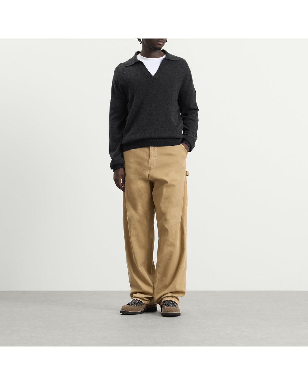 Moncler Black Cashmere Wool Open Collar Polo for men