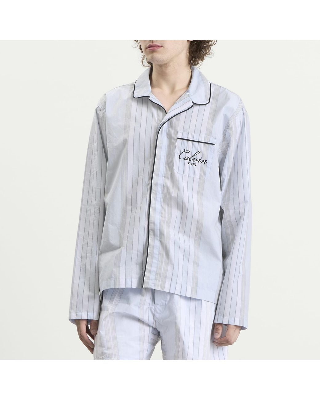 Calvin Klein Blue Poplin Script Button Down Pyjama Top for men