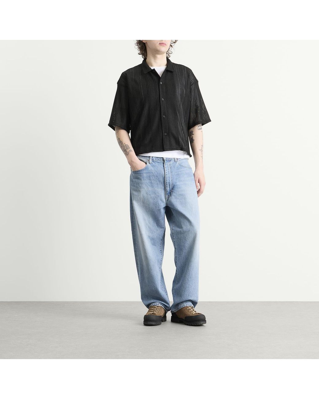 Beams Plus Black Mesh Open Collar Shirt for men