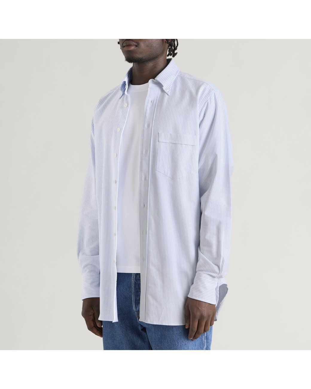 Drake's Blue Ticking Stripe Button Down Oxford Shirt for men
