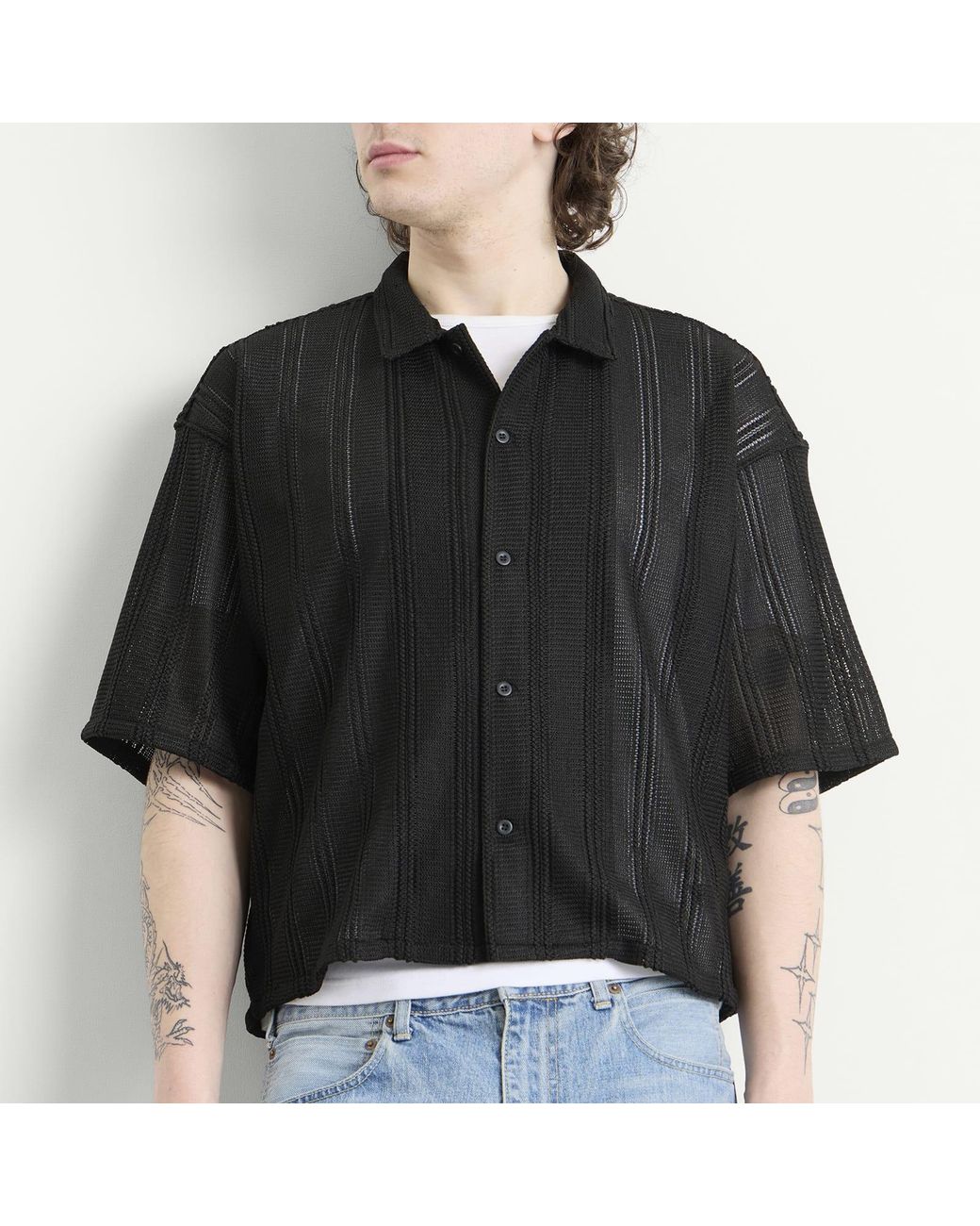 Beams Plus Black Mesh Open Collar Shirt for men