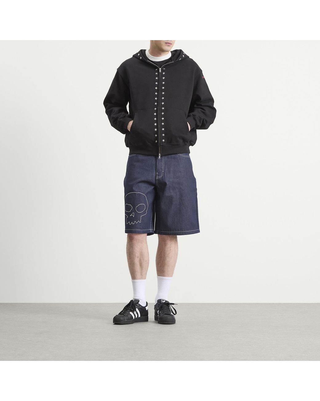 Pleasures Blue X Zero Skull Denim Shorts for men