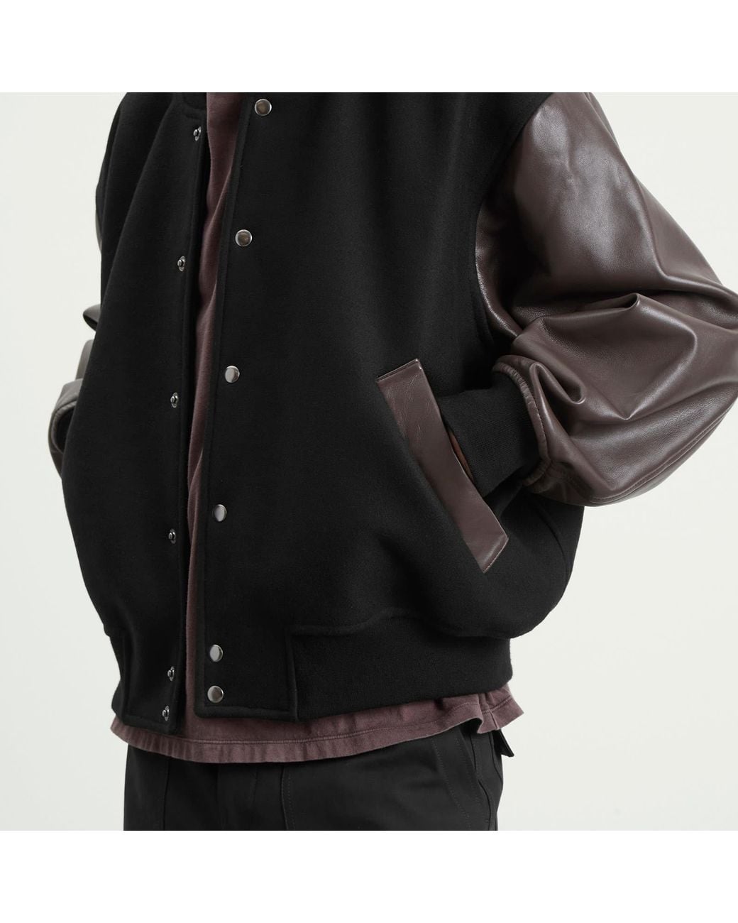 Studio Nicholson Black Alph Leather Wool Varsity Bomber Jacket for men