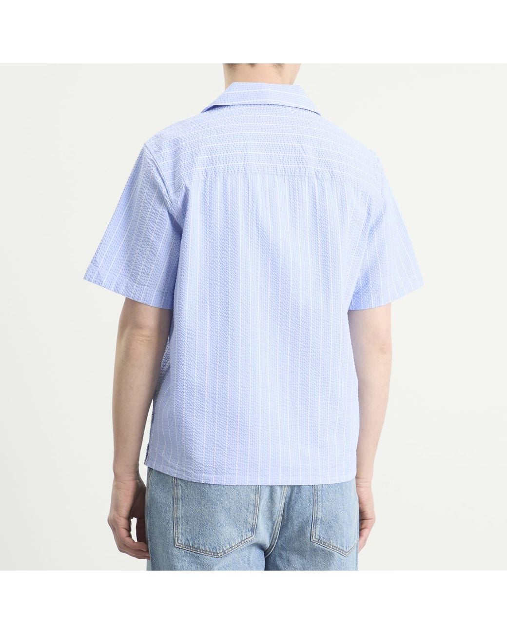 Wax London Blue Didcot Seersucker Stripe Vacation Shirt for men