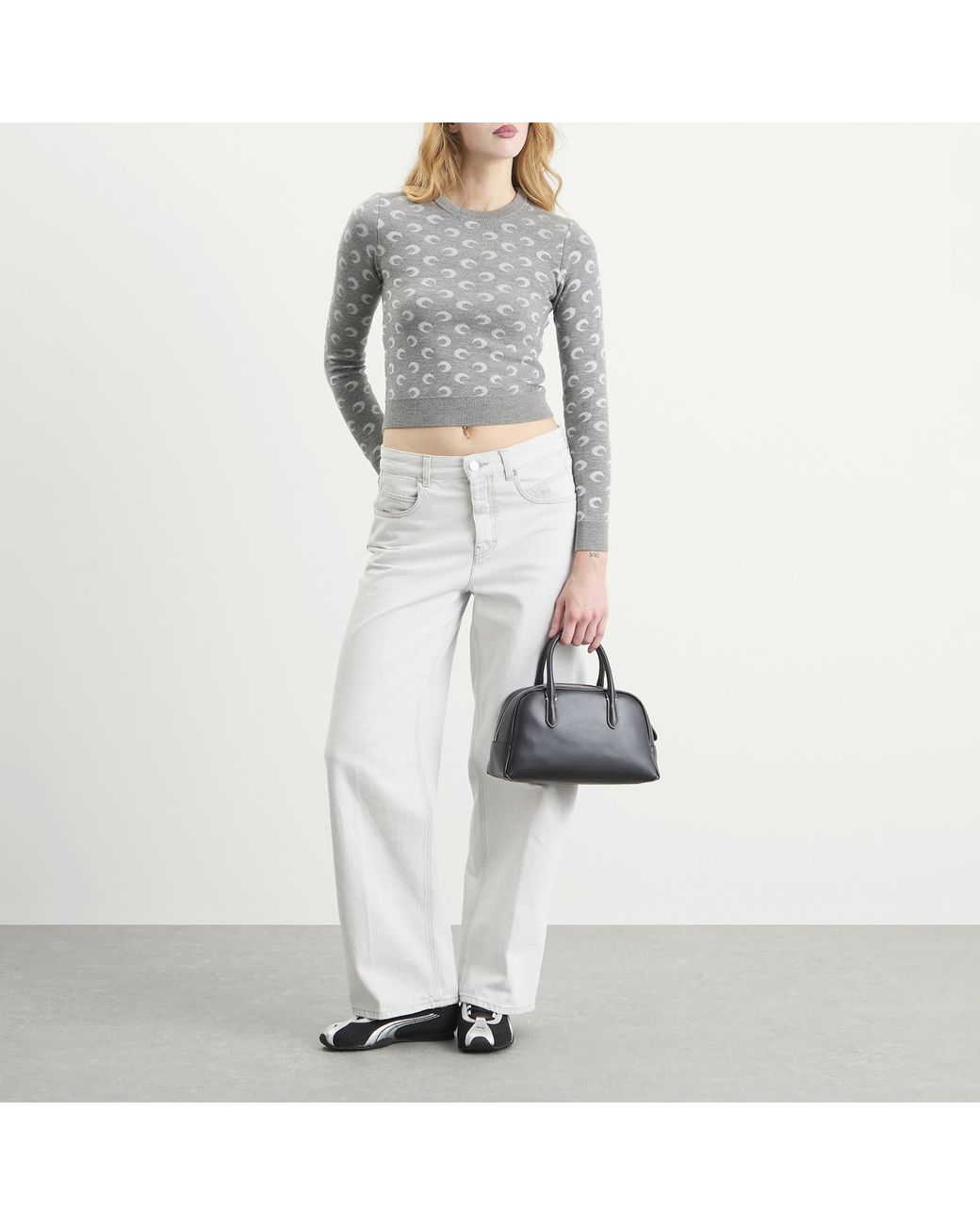 MARINE SERRE Gray Moon Jacquard Knit Fitted Crewneck Sweater