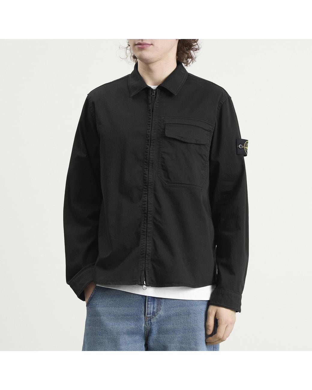 Stone Island Black Organic Cotton Satin Zip Shirt Jacket for men